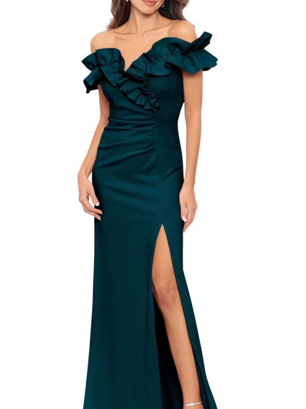 New with Tags Size 14W Off-Shoulder Ruffle Evening Gown in Pine Green